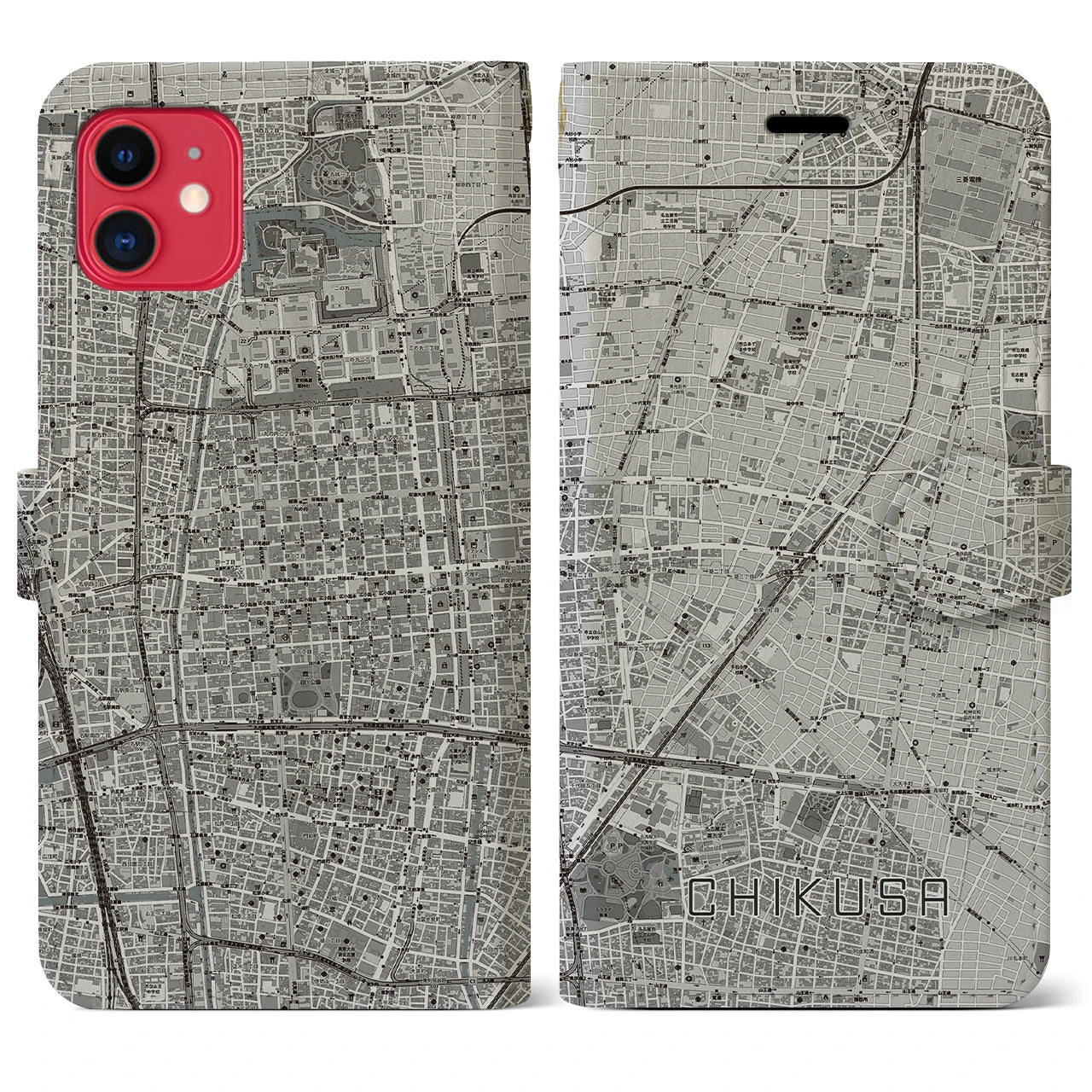 【千種(愛知県)】地図柄iPhoneケース(手帳タイプ)モノトーン・iPhone 11 用