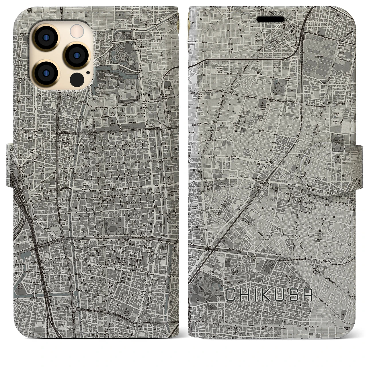 【千種(愛知県)】地図柄iPhoneケース(手帳タイプ)モノトーン・iPhone 12 Pro Max 用