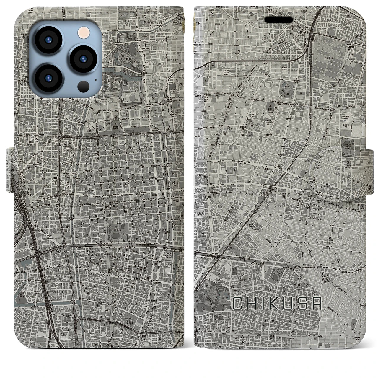 【千種(愛知県)】地図柄iPhoneケース(手帳タイプ)モノトーン・iPhone 13 Pro Max 用
