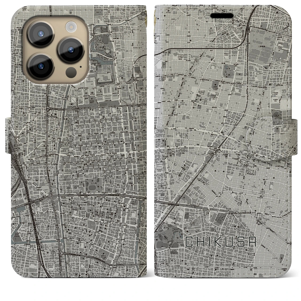 【千種(愛知県)】地図柄iPhoneケース(手帳タイプ)モノトーン・iPhone 14 Pro Max 用