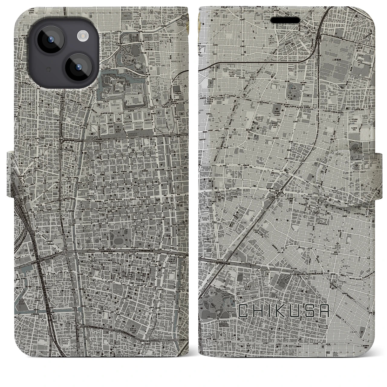 【千種(愛知県)】地図柄iPhoneケース(手帳タイプ)モノトーン・iPhone 14 Plus 用