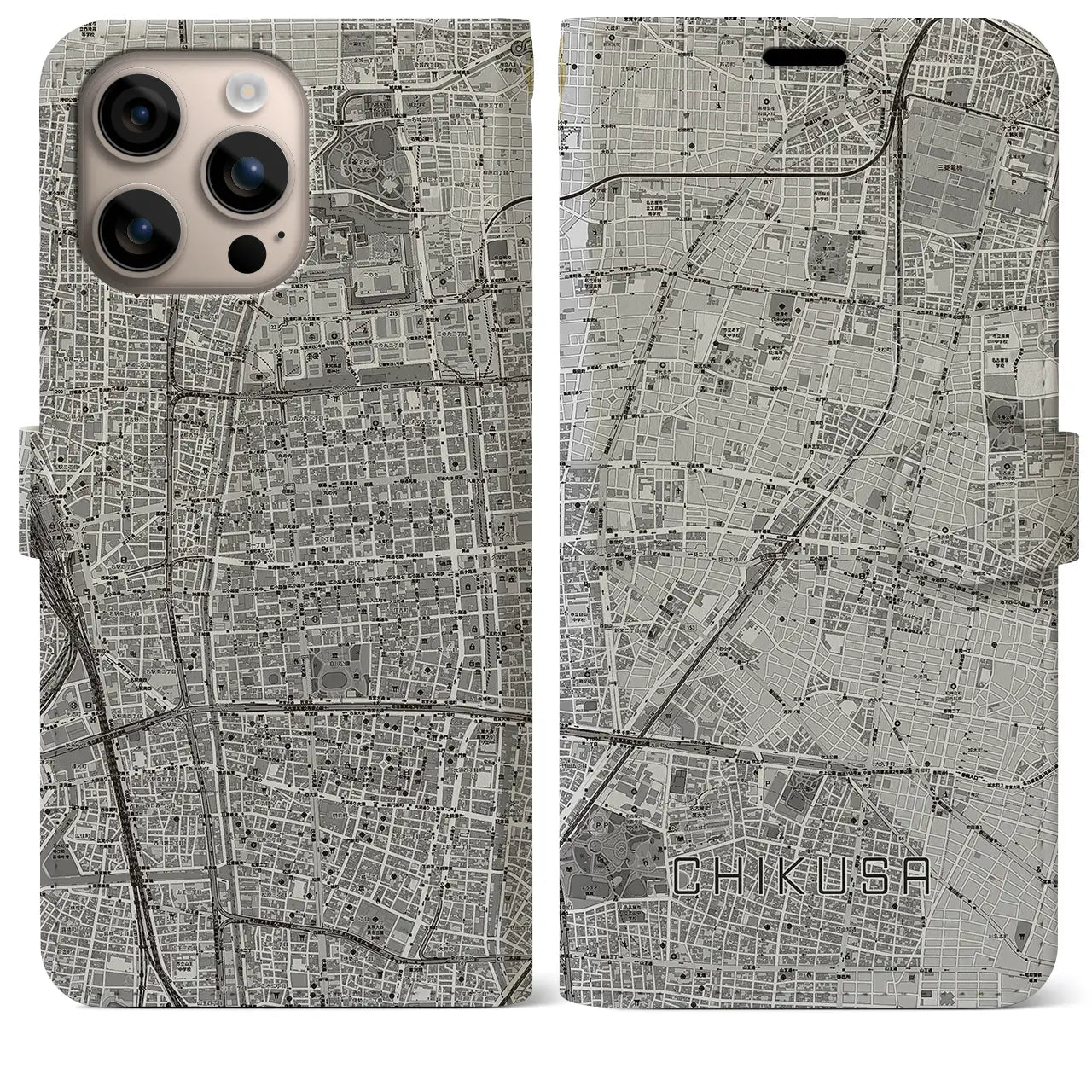【千種(愛知県)】地図柄iPhoneケース(手帳タイプ)モノトーン・iPhone 16 Plus 用
