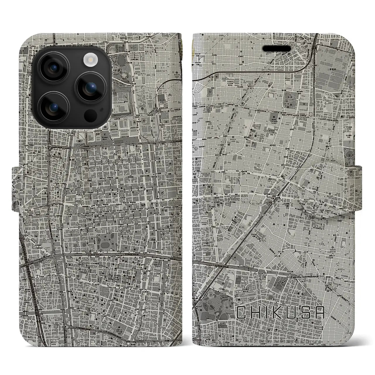 【千種(愛知県)】地図柄iPhoneケース(手帳タイプ)モノトーン・iPhone 16 用
