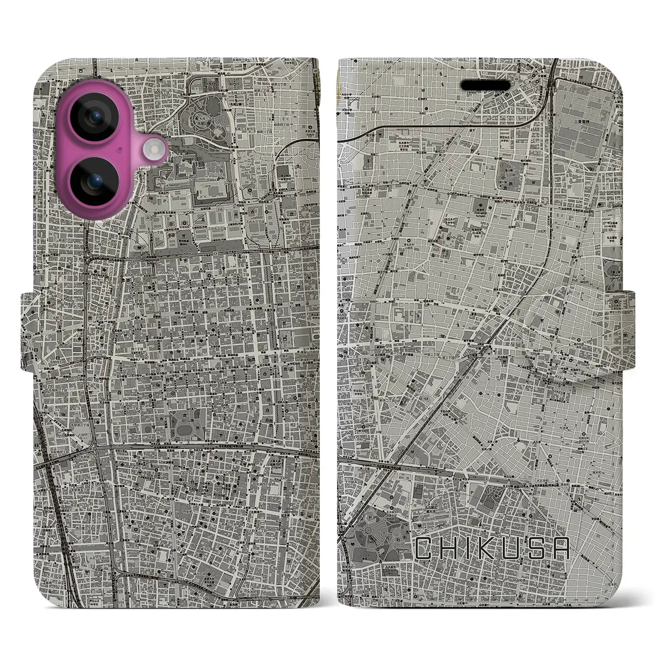 【千種(愛知県)】地図柄iPhoneケース(手帳タイプ)モノトーン・iPhone 16 Pro 用