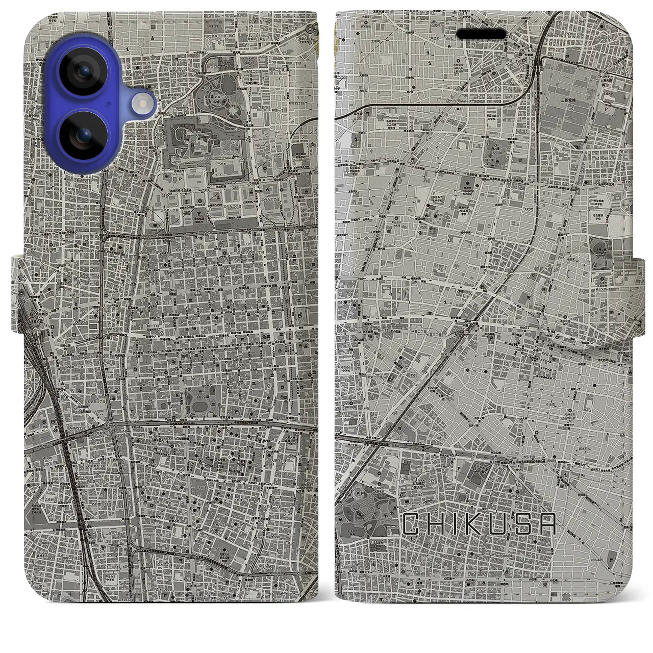 【千種(愛知県)】地図柄iPhoneケース(手帳タイプ)モノトーン・iPhone 16 Pro Max 用