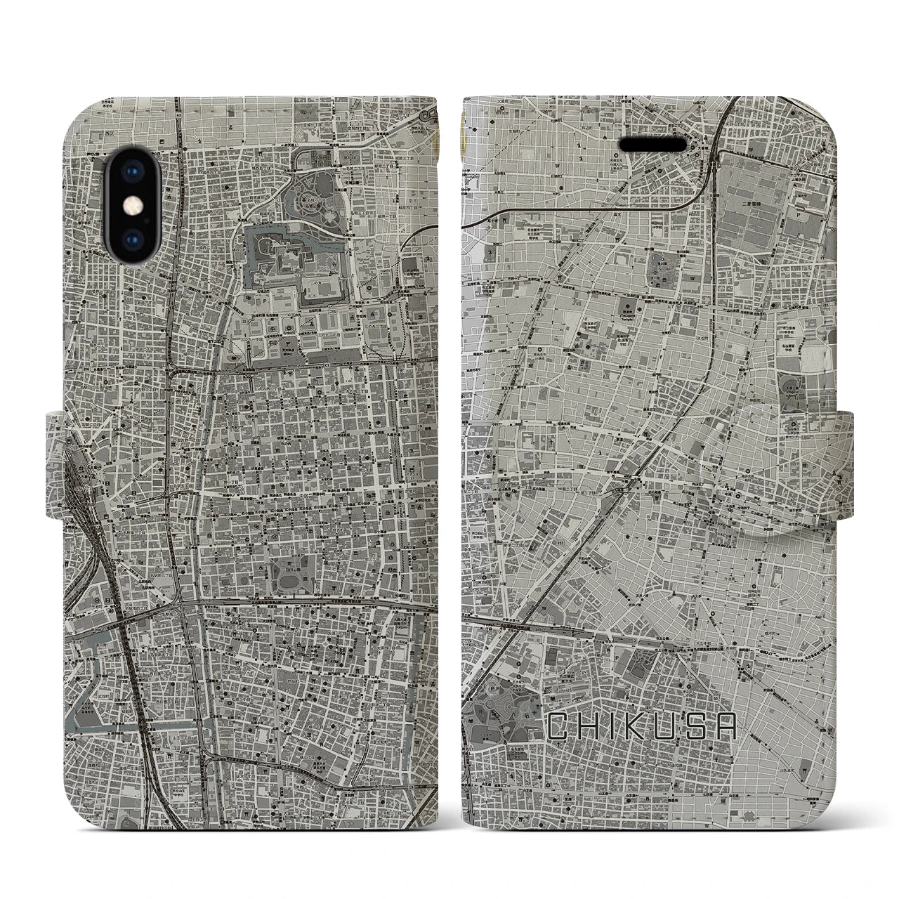 【千種(愛知県)】地図柄iPhoneケース(手帳タイプ)モノトーン・iPhone XS / X 用