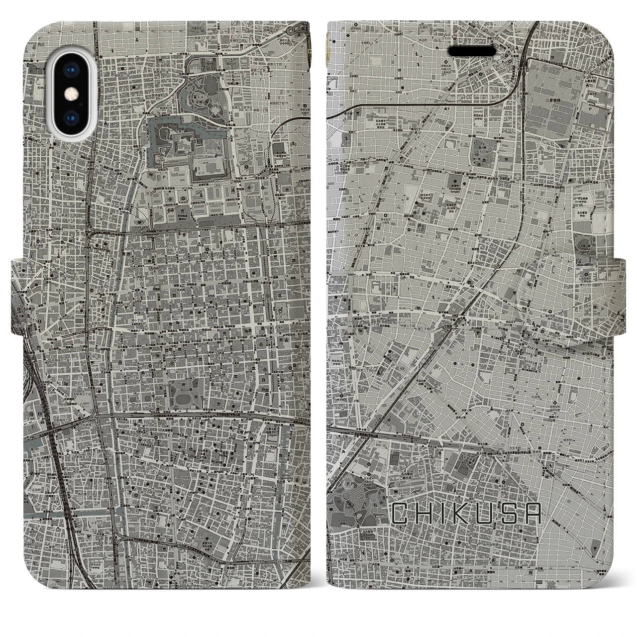 【千種(愛知県)】地図柄iPhoneケース(手帳タイプ)モノトーン・iPhone XS Max 用