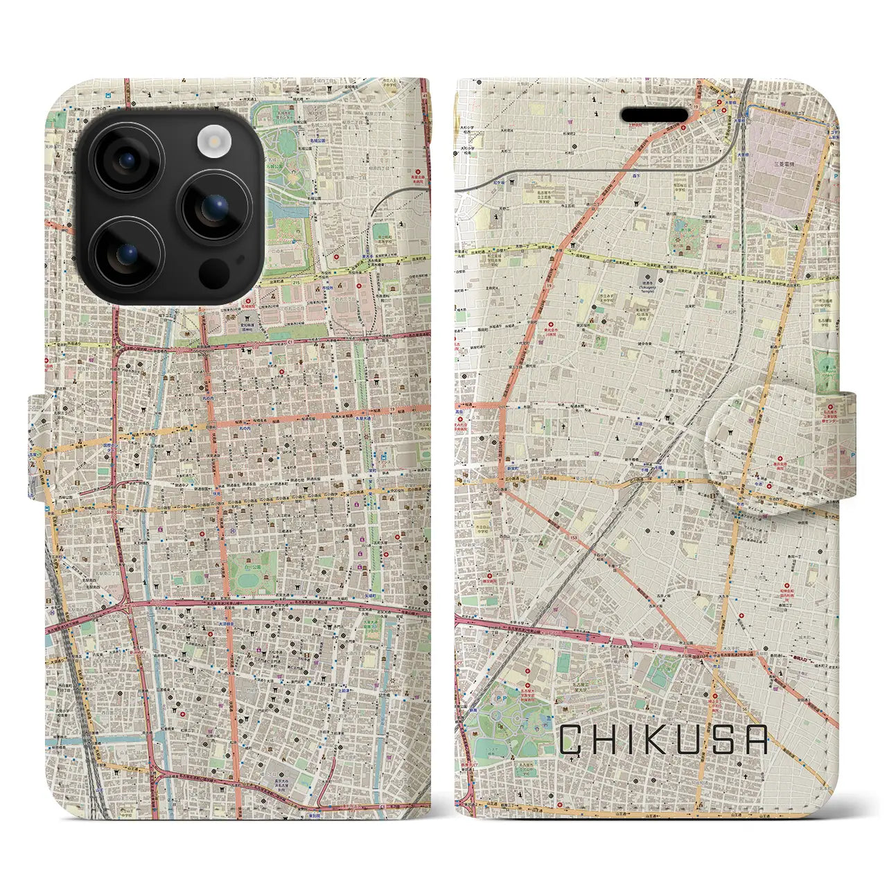 【千種(愛知県)】地図柄iPhoneケース(手帳タイプ)ナチュラル・iPhone 16 用