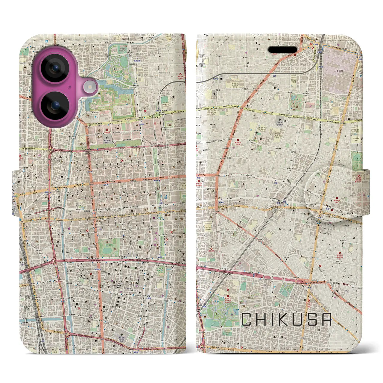 【千種(愛知県)】地図柄iPhoneケース(手帳タイプ)ナチュラル・iPhone 16 Pro 用