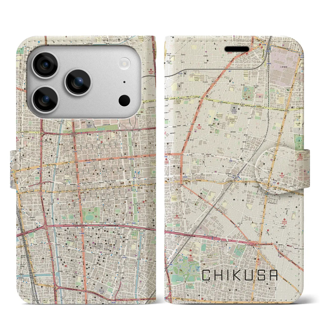 【千種(愛知県)】地図柄iPhoneケース(手帳タイプ)ナチュラル・iPhone 17 Pro Max 用