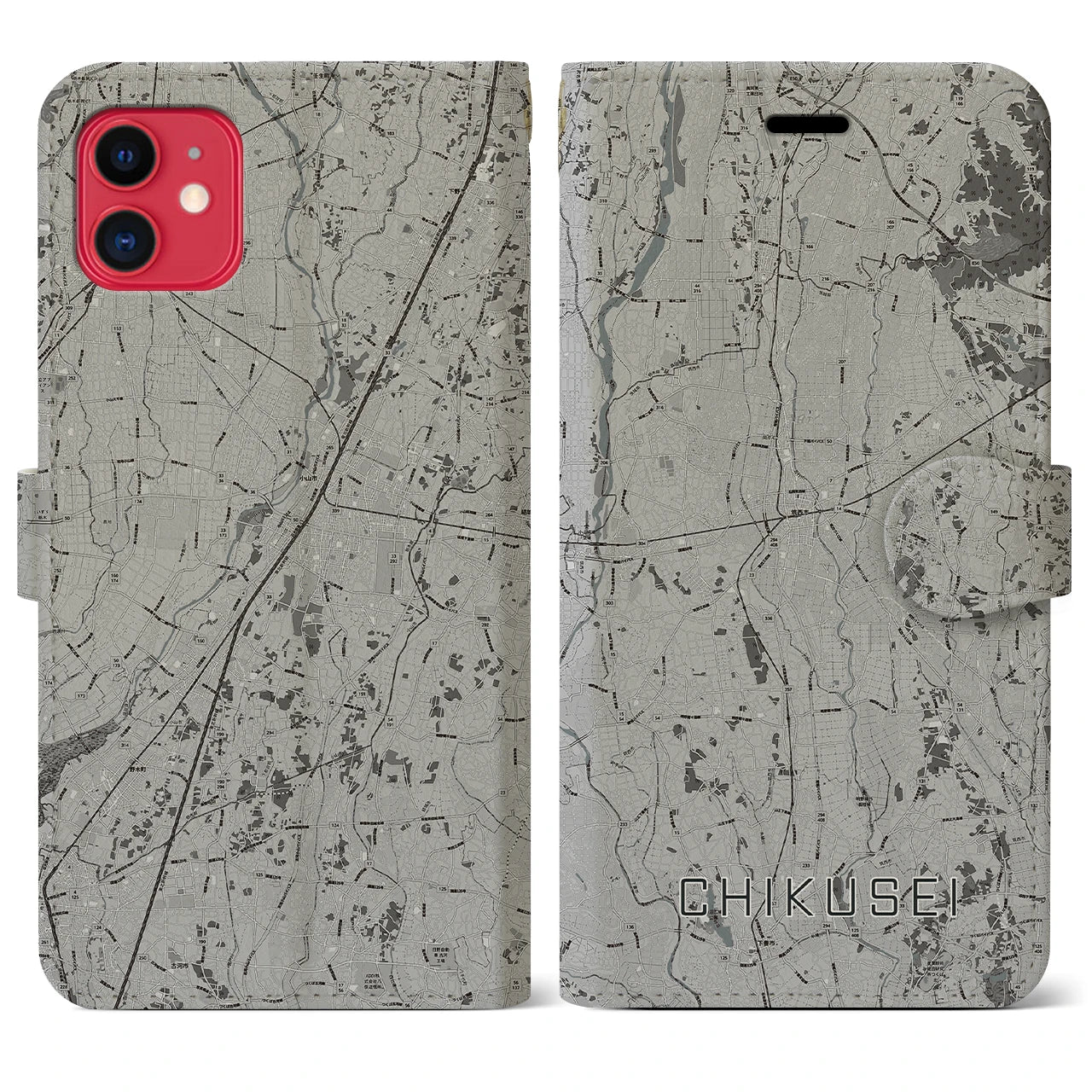 【筑西(茨城県)】地図柄iPhoneケース(手帳タイプ)モノトーン・iPhone 11 用