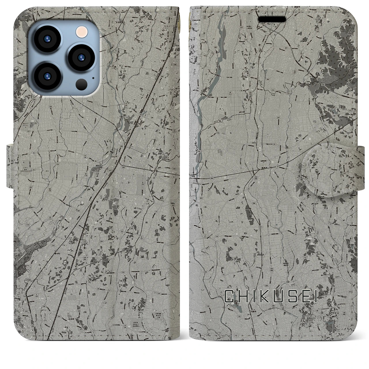 【筑西(茨城県)】地図柄iPhoneケース(手帳タイプ)モノトーン・iPhone 13 Pro Max 用