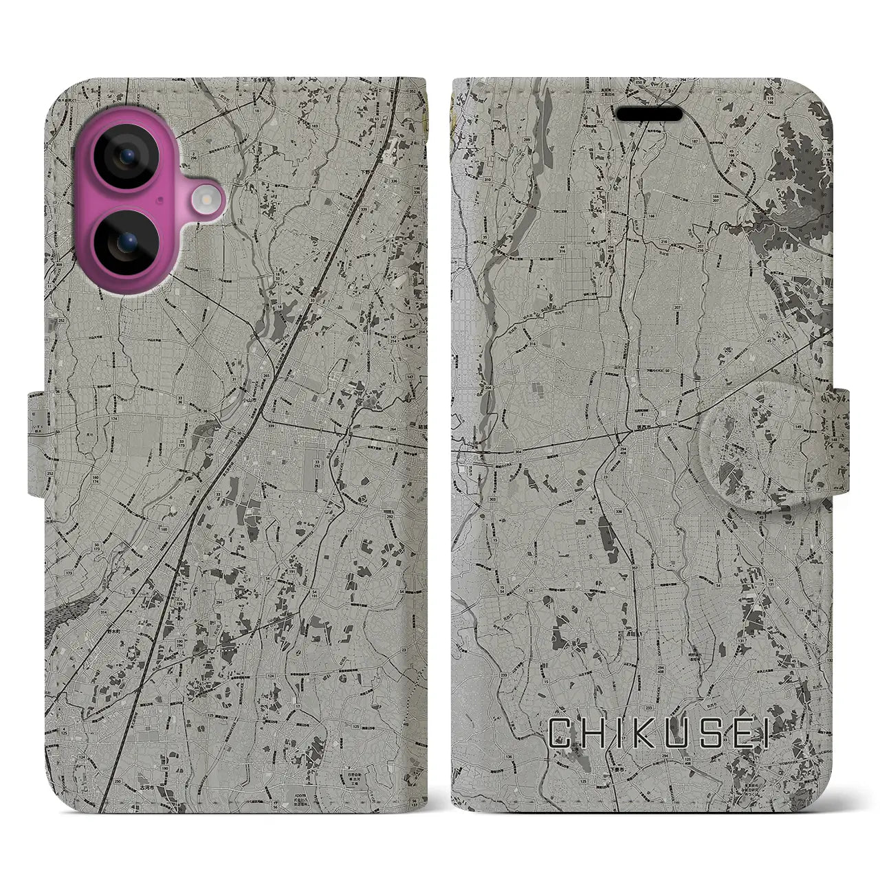 【筑西(茨城県)】地図柄iPhoneケース(手帳タイプ)モノトーン・iPhone 16 Pro 用