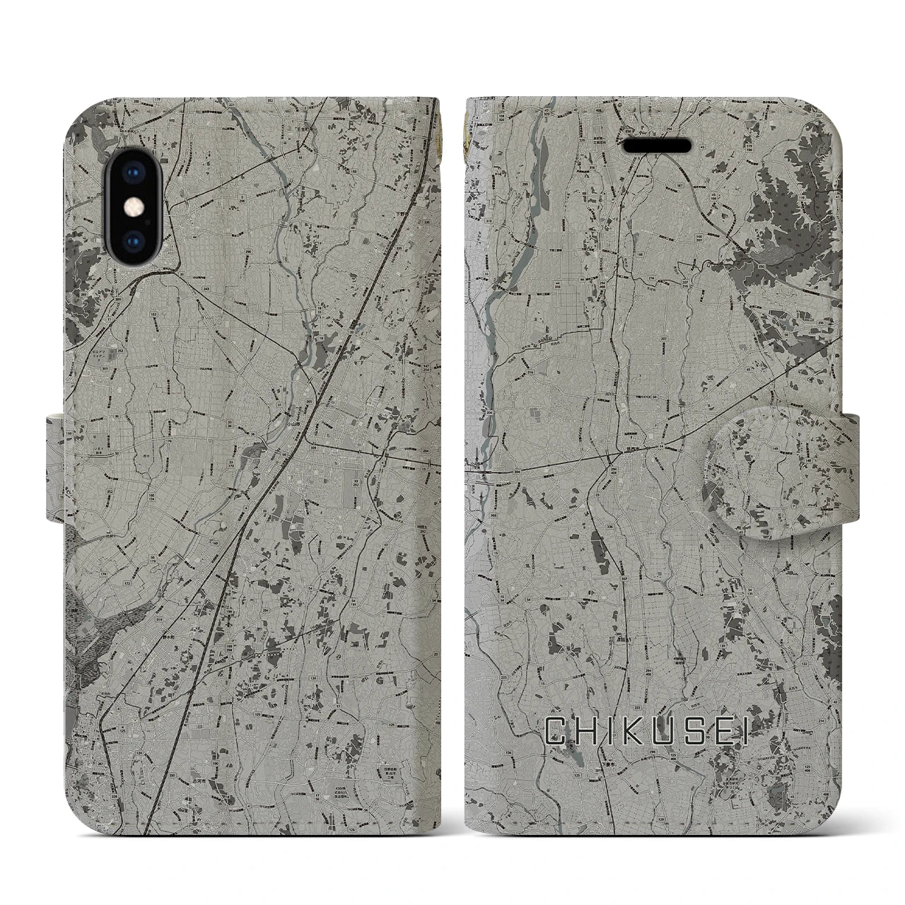 【筑西(茨城県)】地図柄iPhoneケース(手帳タイプ)モノトーン・iPhone XS / X 用