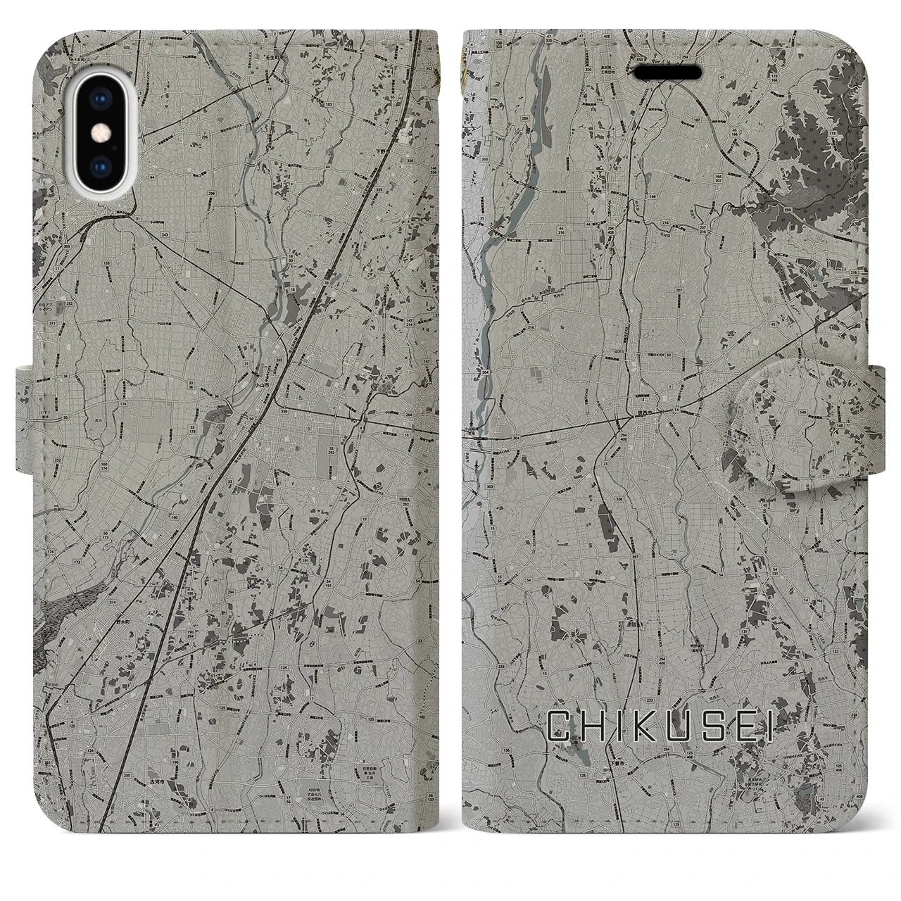 【筑西(茨城県)】地図柄iPhoneケース(手帳タイプ)モノトーン・iPhone XS Max 用