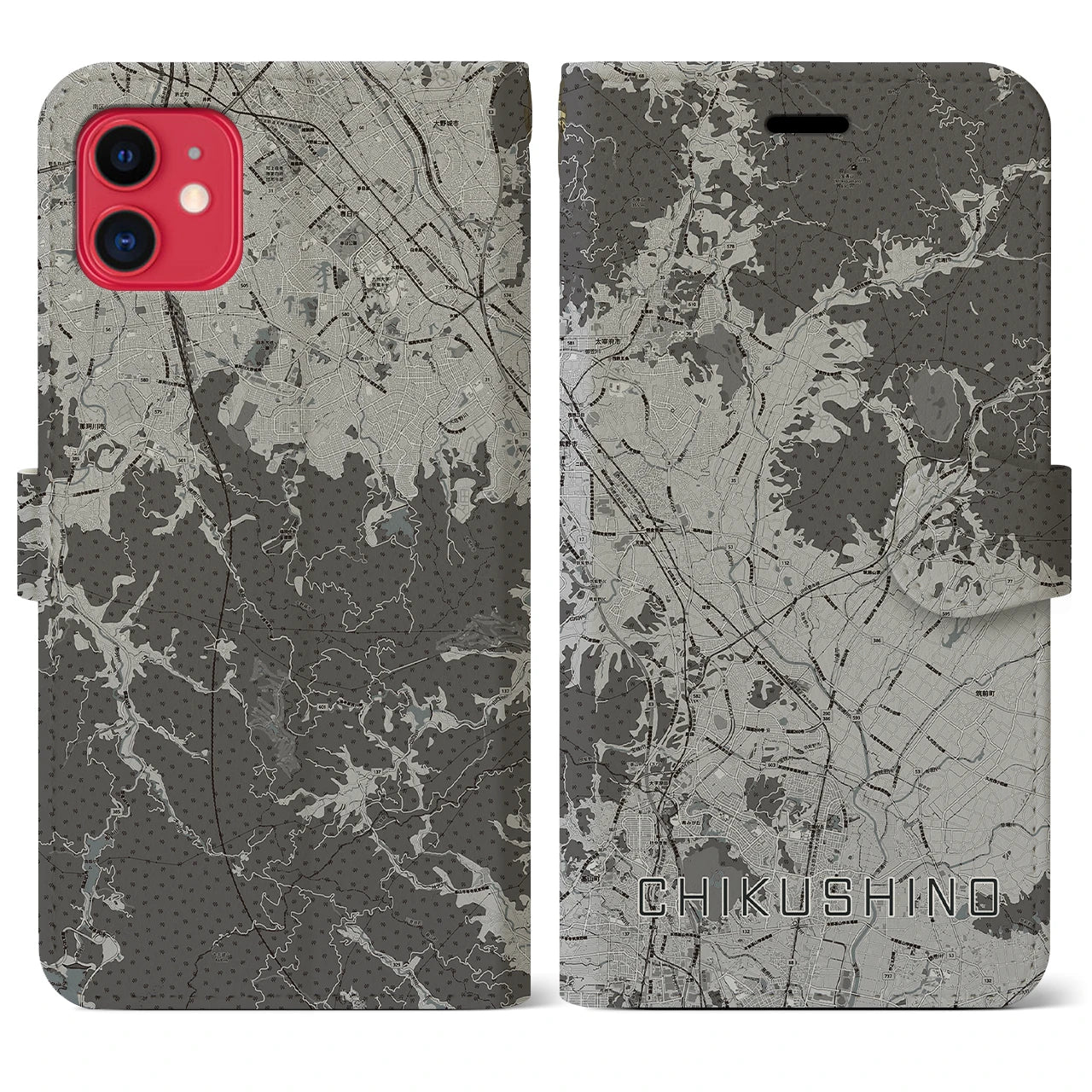 【筑紫野(福岡県)】地図柄iPhoneケース(手帳タイプ)モノトーン・iPhone 11 用