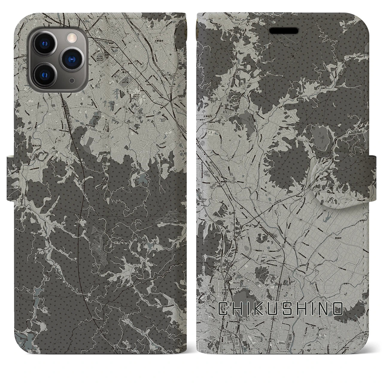 【筑紫野(福岡県)】地図柄iPhoneケース(手帳タイプ)モノトーン・iPhone 11 Pro Max 用