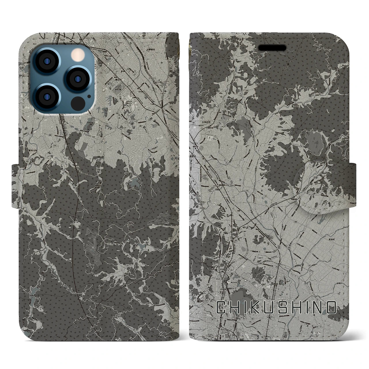 【筑紫野(福岡県)】地図柄iPhoneケース(手帳タイプ)モノトーン・iPhone 12 / 12 Pro 用