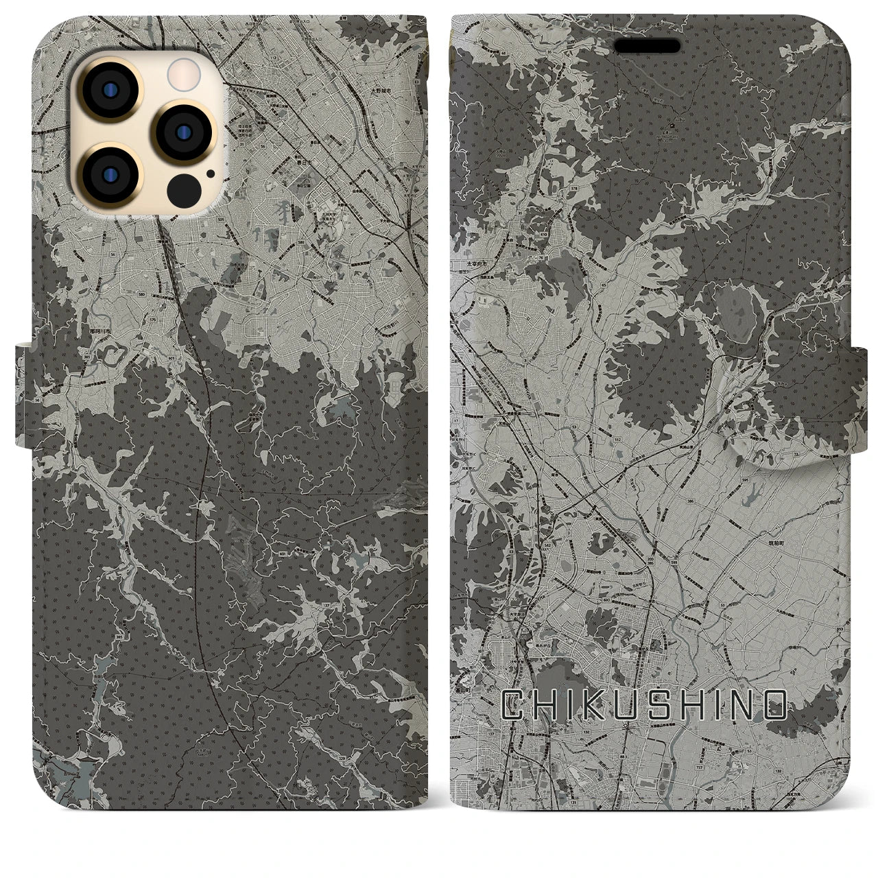 【筑紫野(福岡県)】地図柄iPhoneケース(手帳タイプ)モノトーン・iPhone 12 Pro Max 用