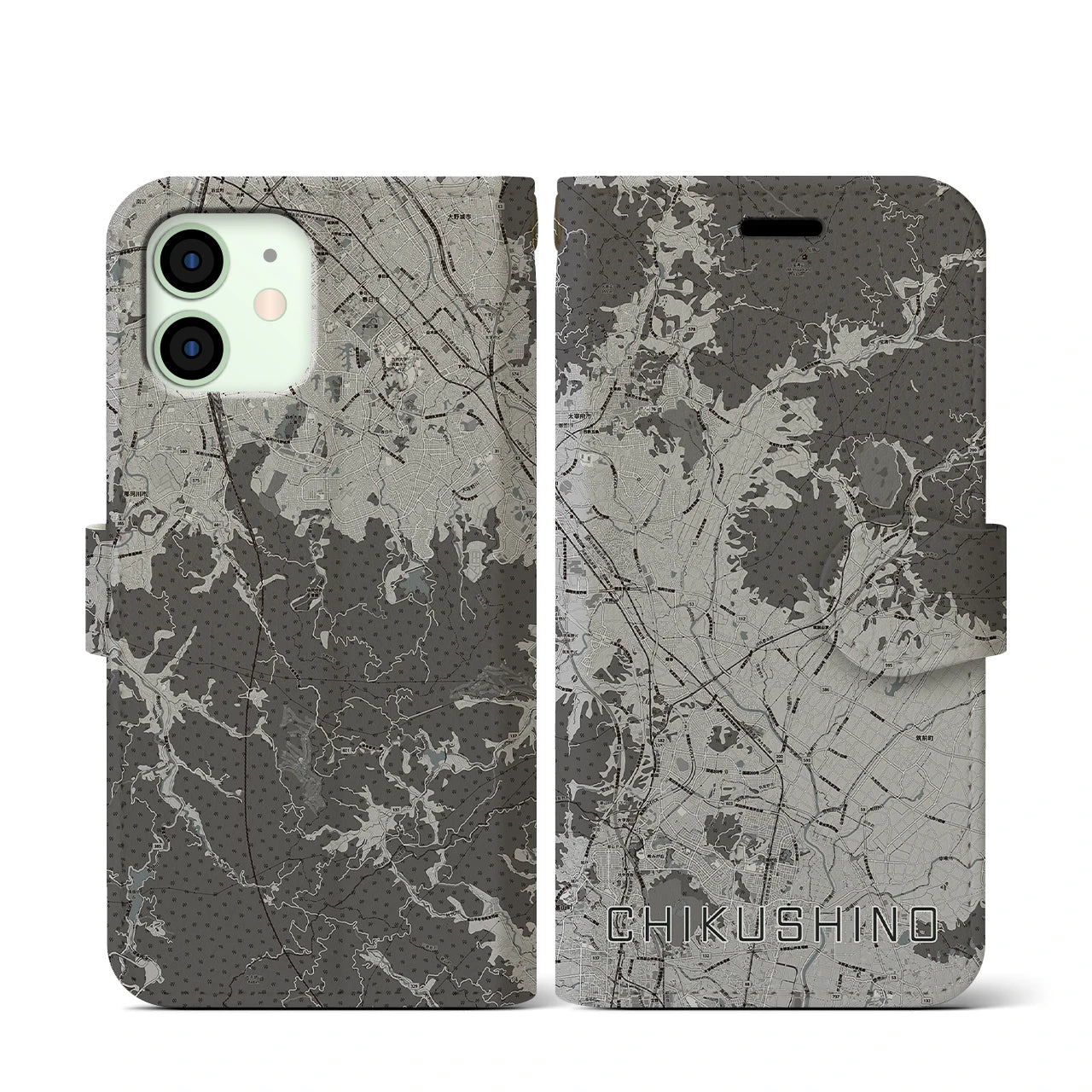 【筑紫野(福岡県)】地図柄iPhoneケース(手帳タイプ)モノトーン・iPhone 12 mini 用
