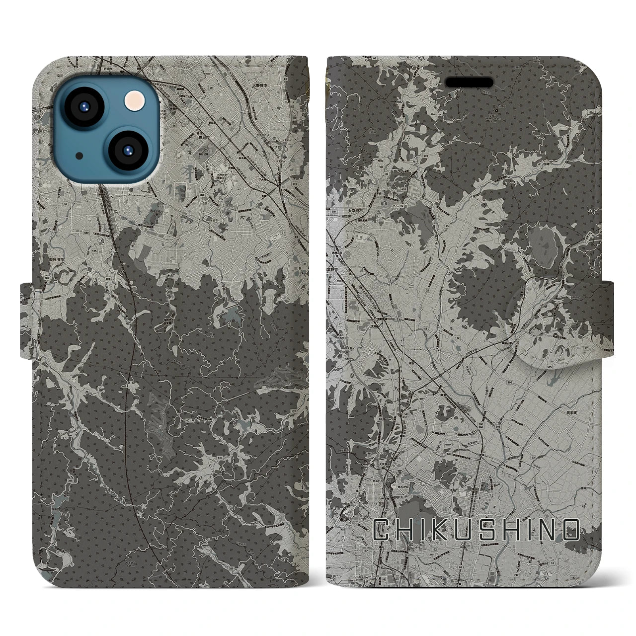 【筑紫野(福岡県)】地図柄iPhoneケース(手帳タイプ)モノトーン・iPhone 13 用