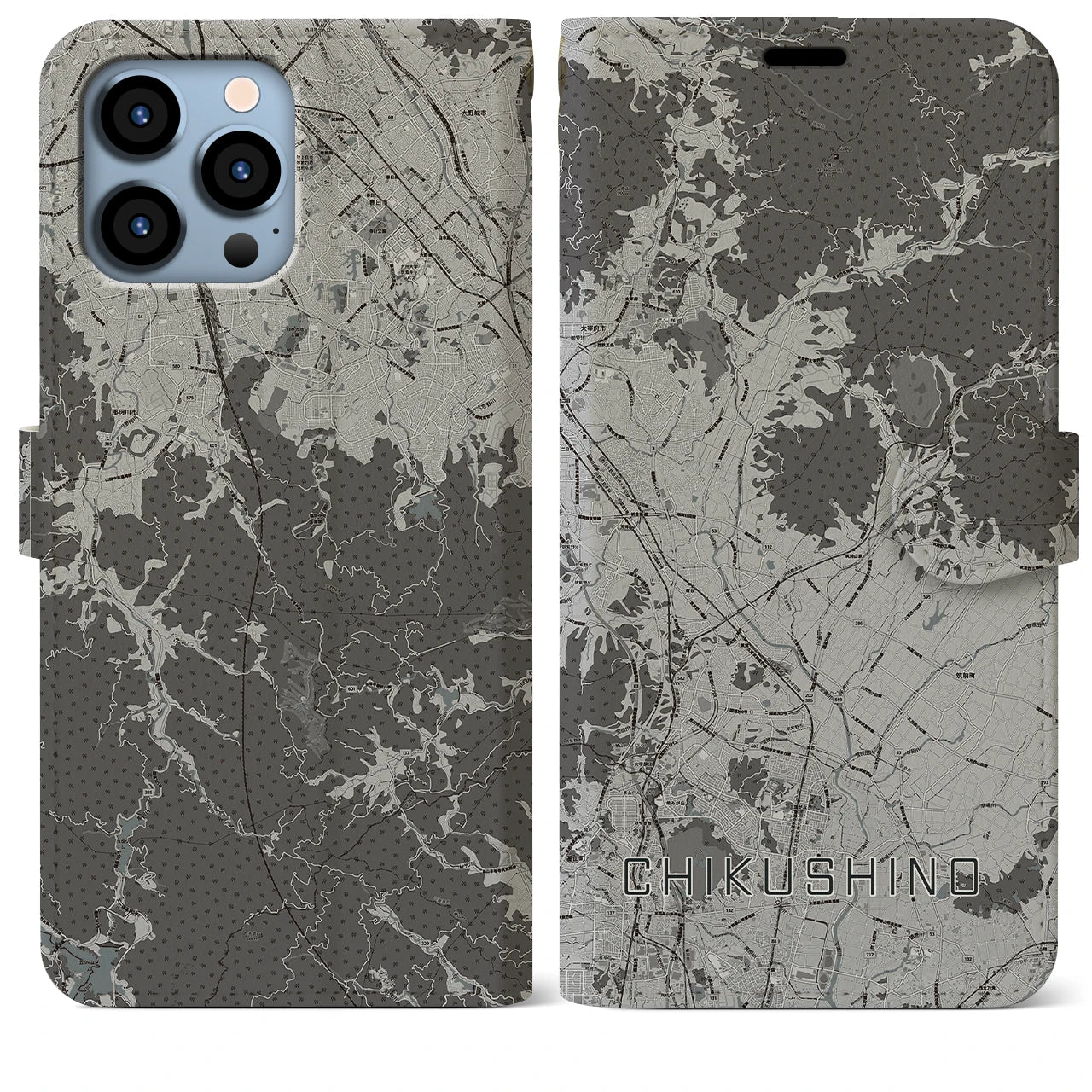 【筑紫野(福岡県)】地図柄iPhoneケース(手帳タイプ)モノトーン・iPhone 13 Pro Max 用