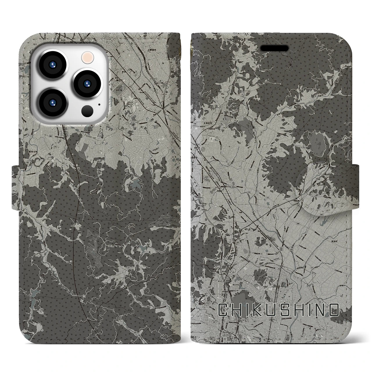 【筑紫野(福岡県)】地図柄iPhoneケース(手帳タイプ)モノトーン・iPhone 13 Pro 用