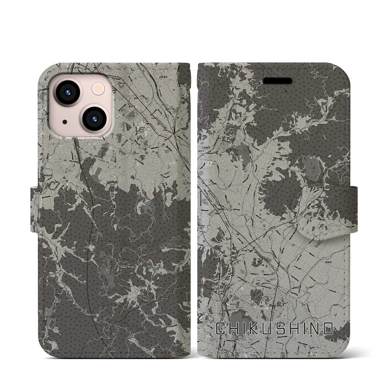 【筑紫野(福岡県)】地図柄iPhoneケース(手帳タイプ)モノトーン・iPhone 13 mini 用