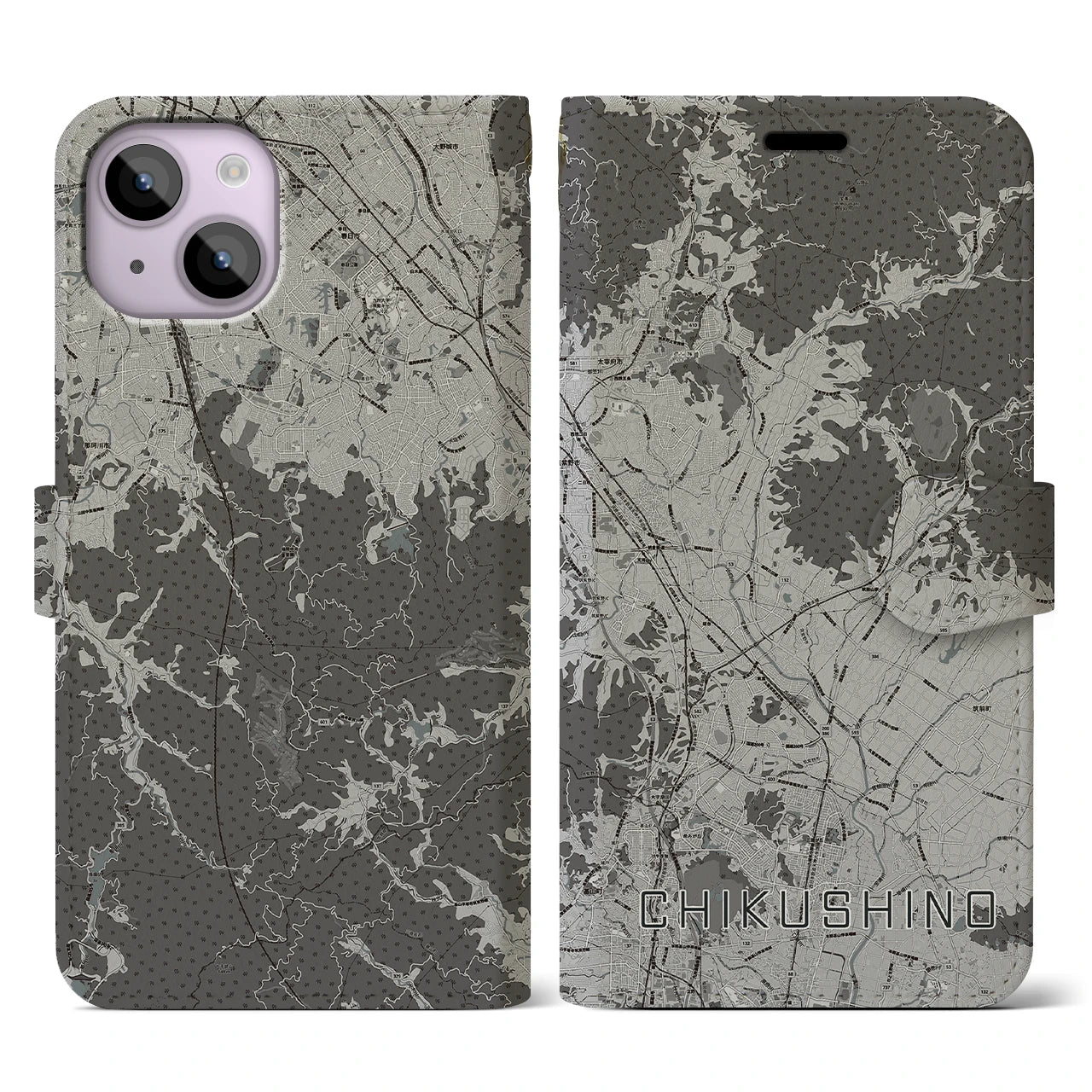 【筑紫野(福岡県)】地図柄iPhoneケース(手帳タイプ)モノトーン・iPhone 14 用