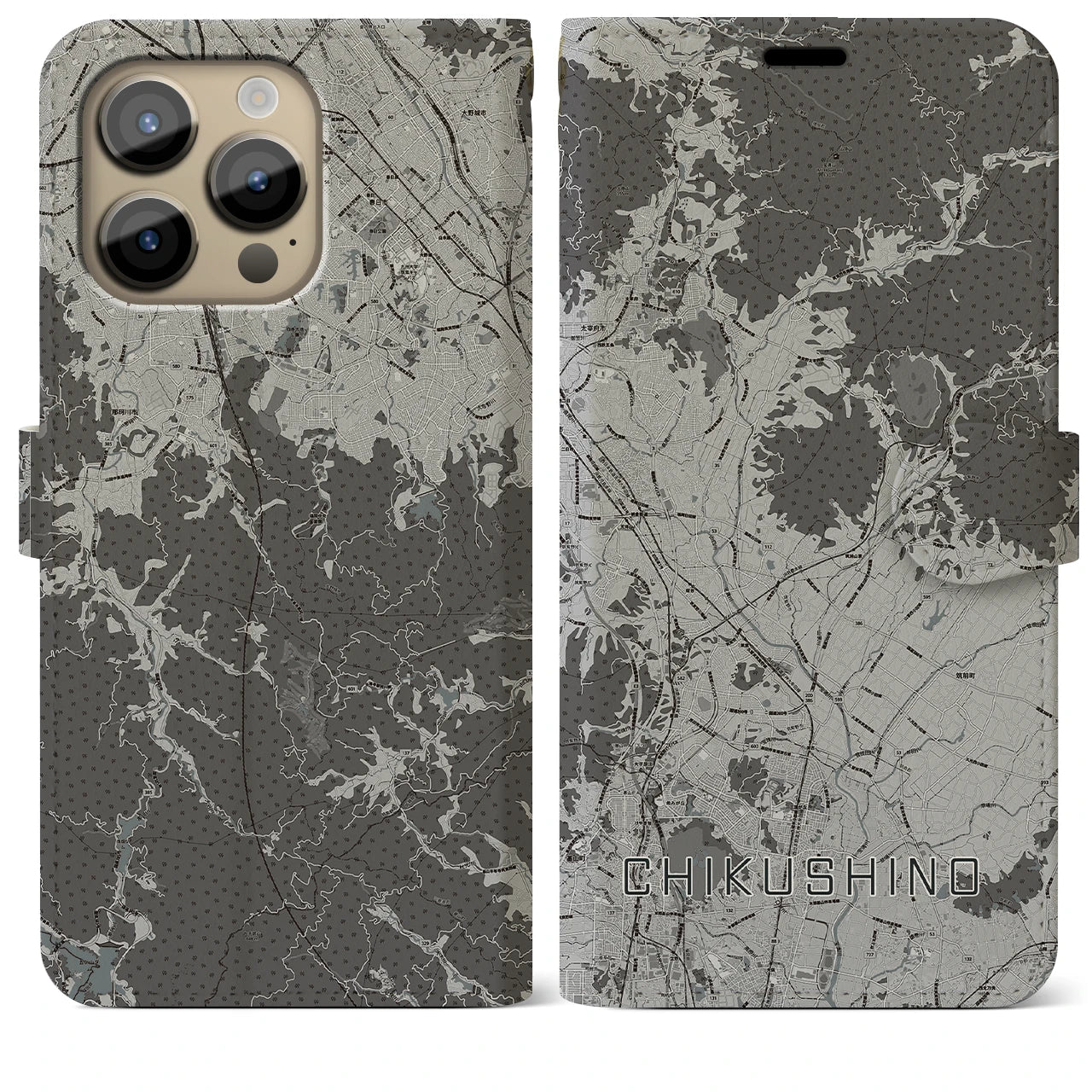 【筑紫野(福岡県)】地図柄iPhoneケース(手帳タイプ)モノトーン・iPhone 14 Pro Max 用