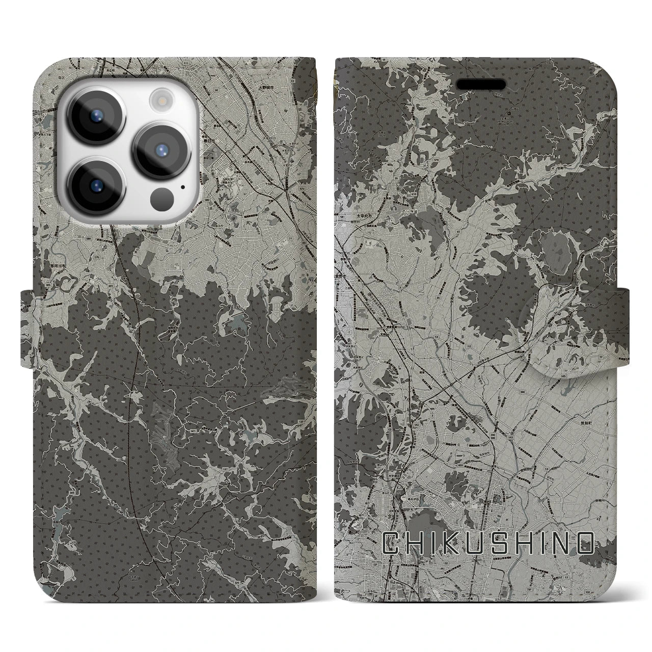 【筑紫野(福岡県)】地図柄iPhoneケース(手帳タイプ)モノトーン・iPhone 14 Pro 用