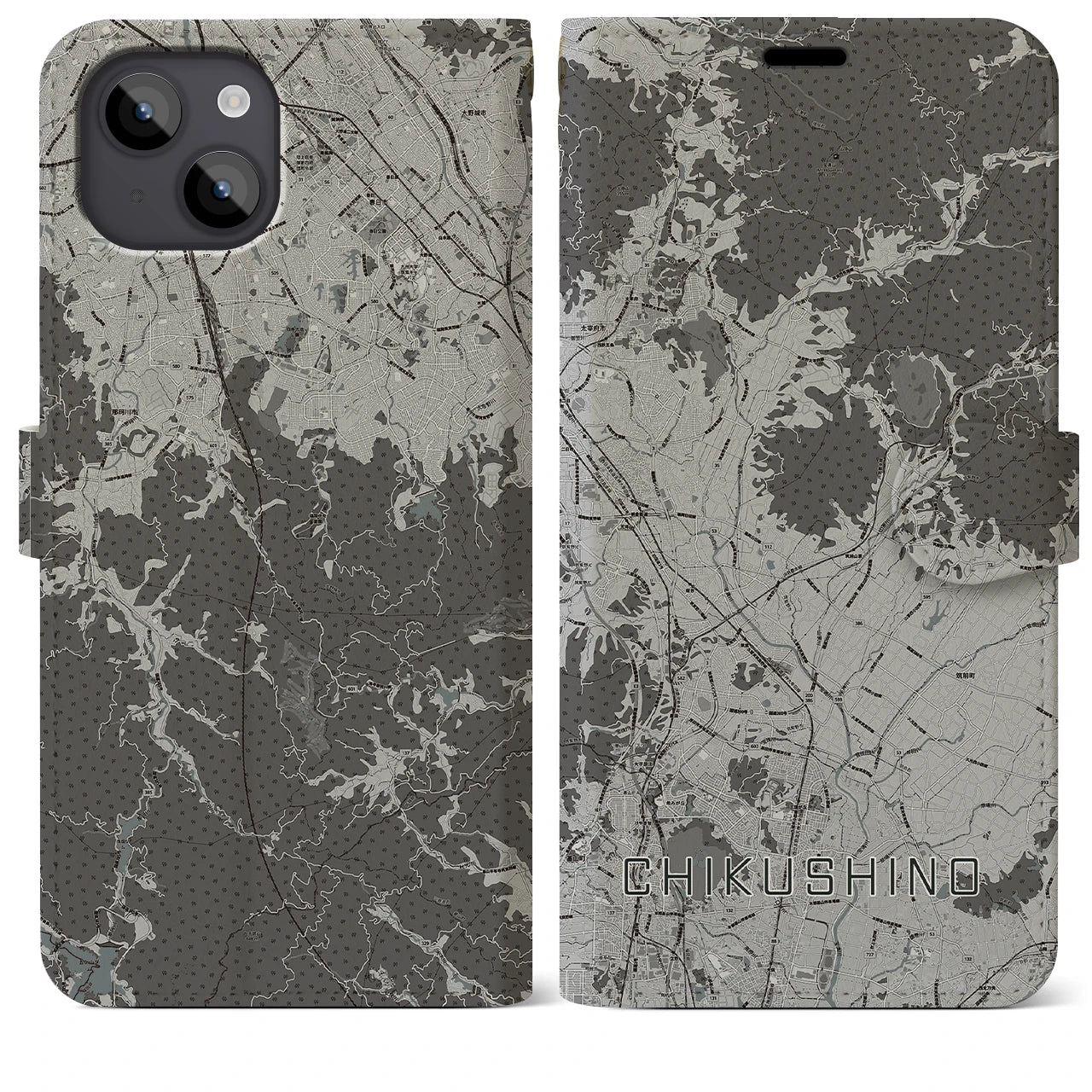 【筑紫野(福岡県)】地図柄iPhoneケース(手帳タイプ)モノトーン・iPhone 14 Plus 用