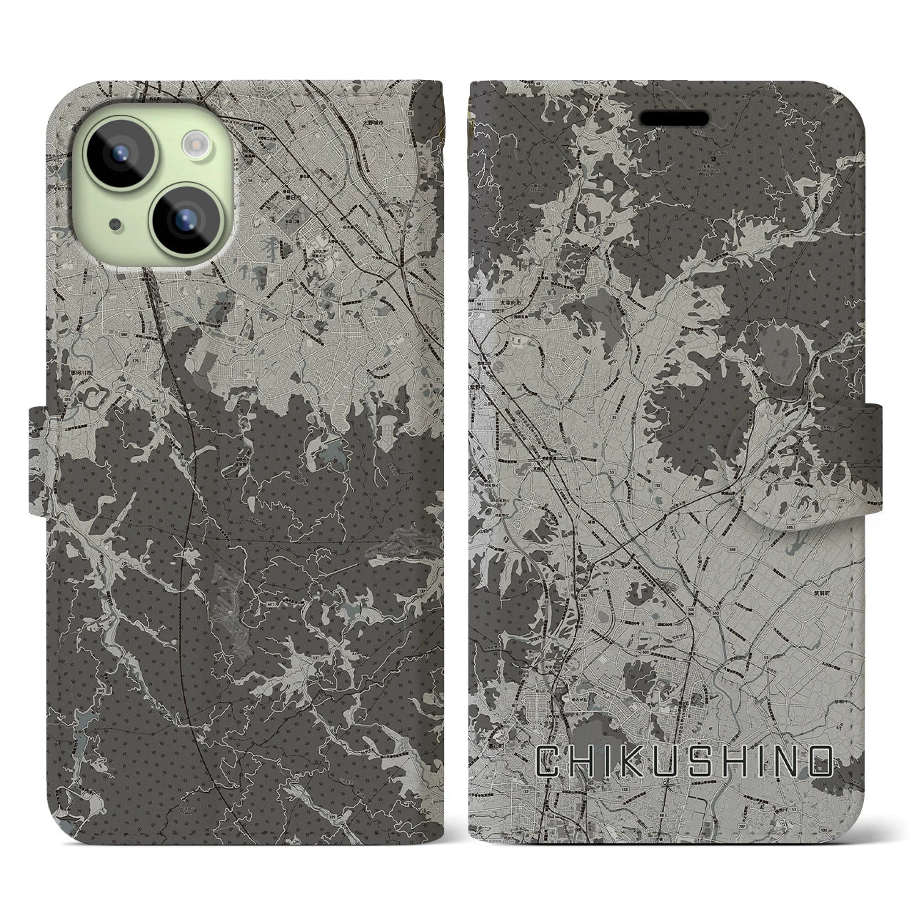 【筑紫野(福岡県)】地図柄iPhoneケース(手帳タイプ)モノトーン・iPhone 15 用