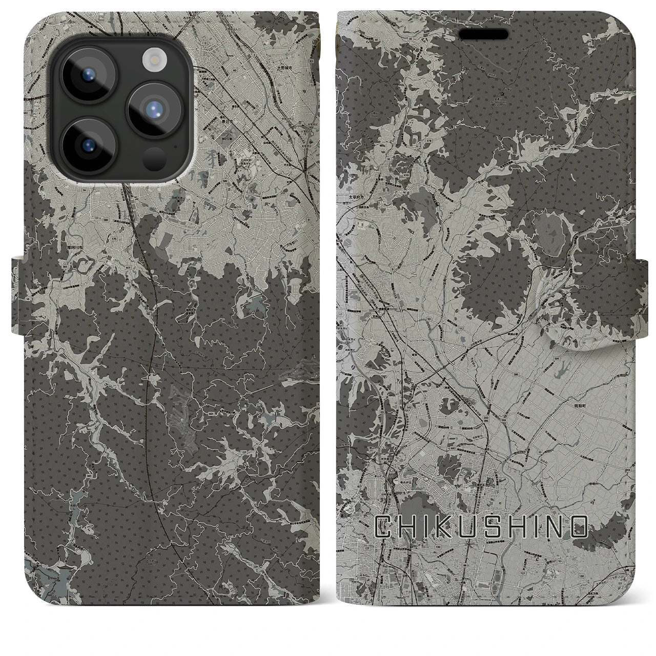 【筑紫野(福岡県)】地図柄iPhoneケース(手帳タイプ)モノトーン・iPhone 15 Pro Max 用
