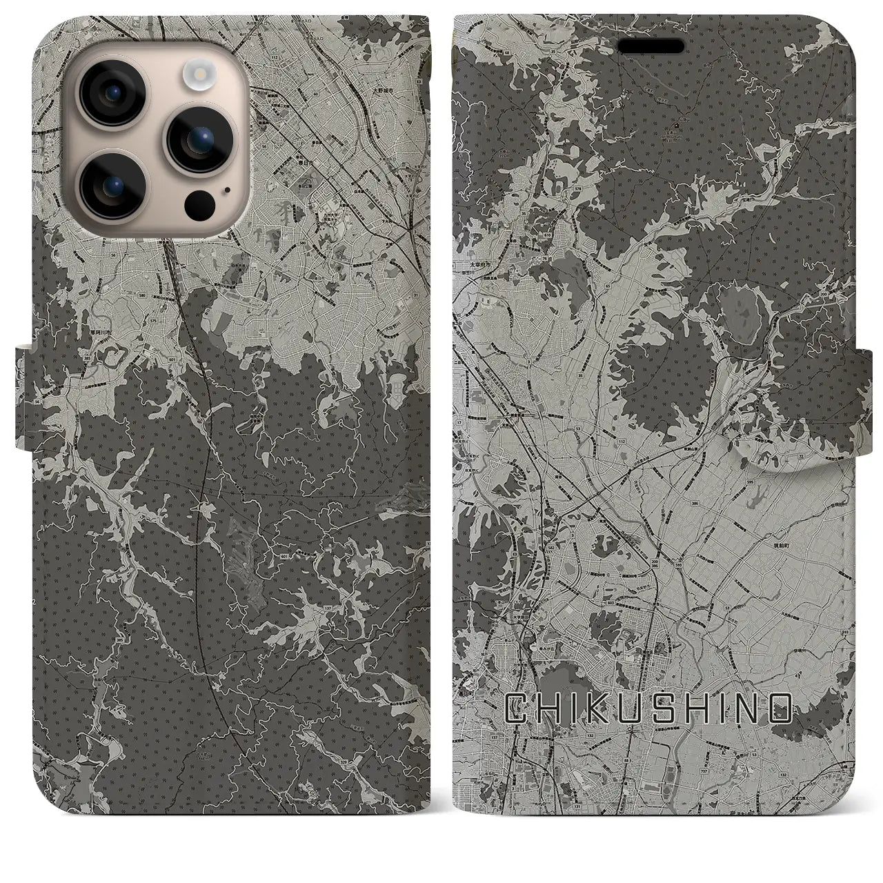 【筑紫野(福岡県)】地図柄iPhoneケース(手帳タイプ)モノトーン・iPhone 16 Plus 用