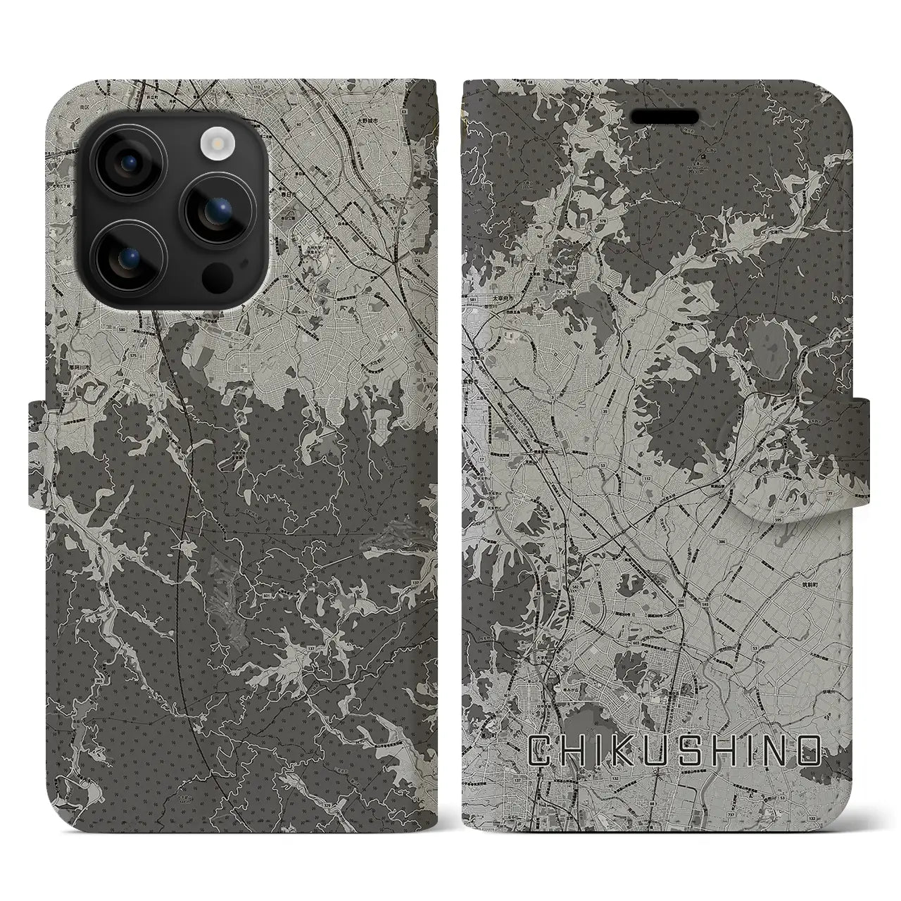 【筑紫野(福岡県)】地図柄iPhoneケース(手帳タイプ)モノトーン・iPhone 16 用