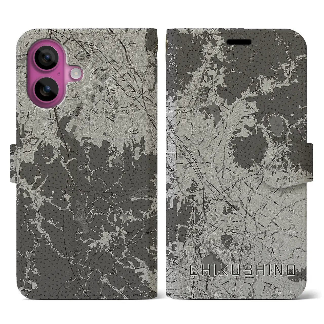 【筑紫野(福岡県)】地図柄iPhoneケース(手帳タイプ)モノトーン・iPhone 16 Pro 用