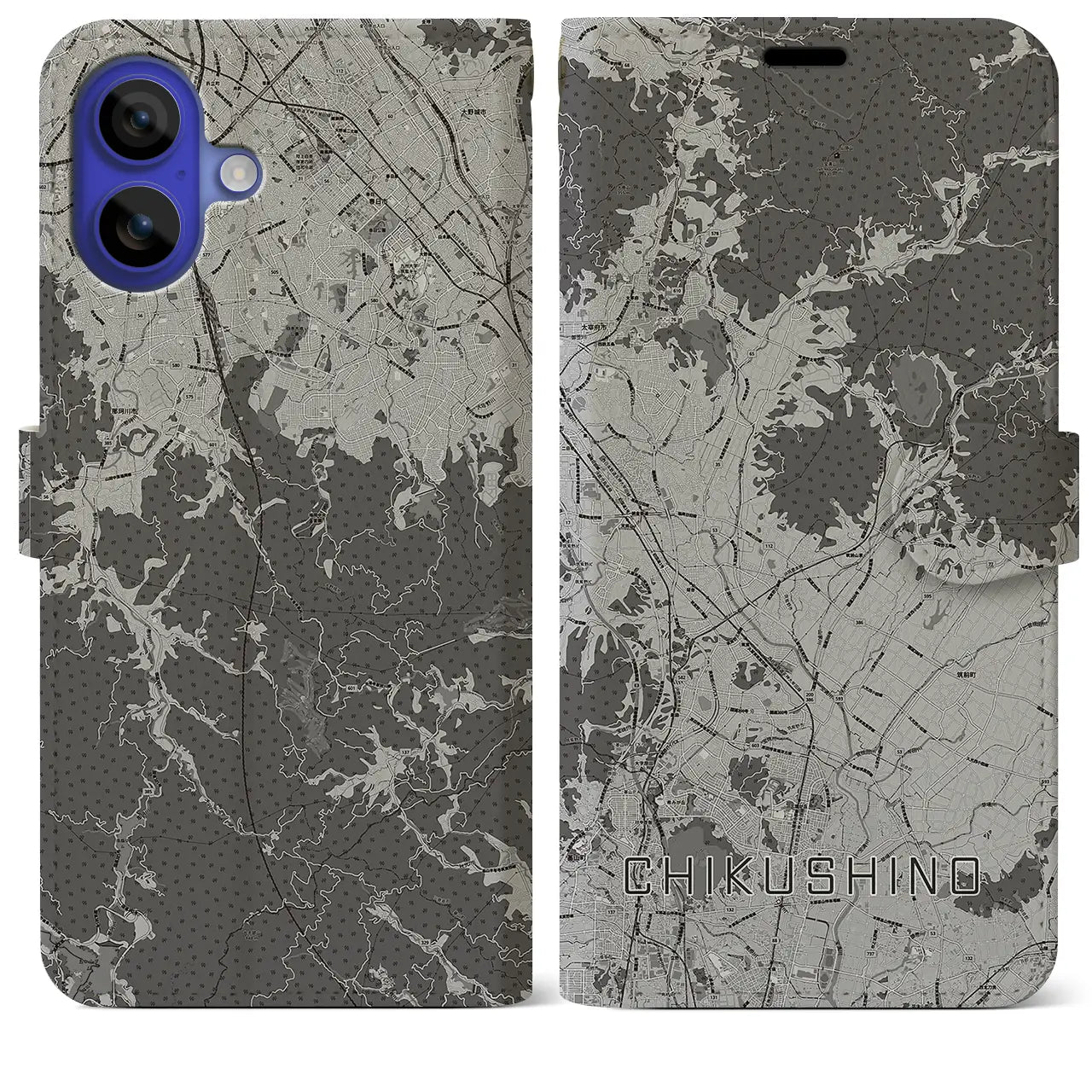 【筑紫野(福岡県)】地図柄iPhoneケース(手帳タイプ)モノトーン・iPhone 16 Pro Max 用