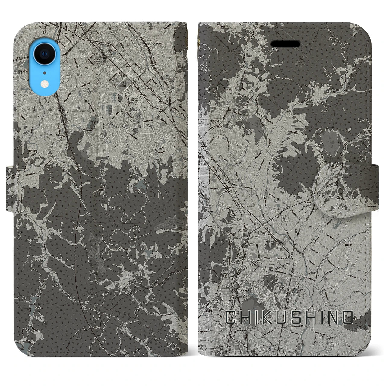 【筑紫野(福岡県)】地図柄iPhoneケース(手帳タイプ)モノトーン・iPhone XR 用