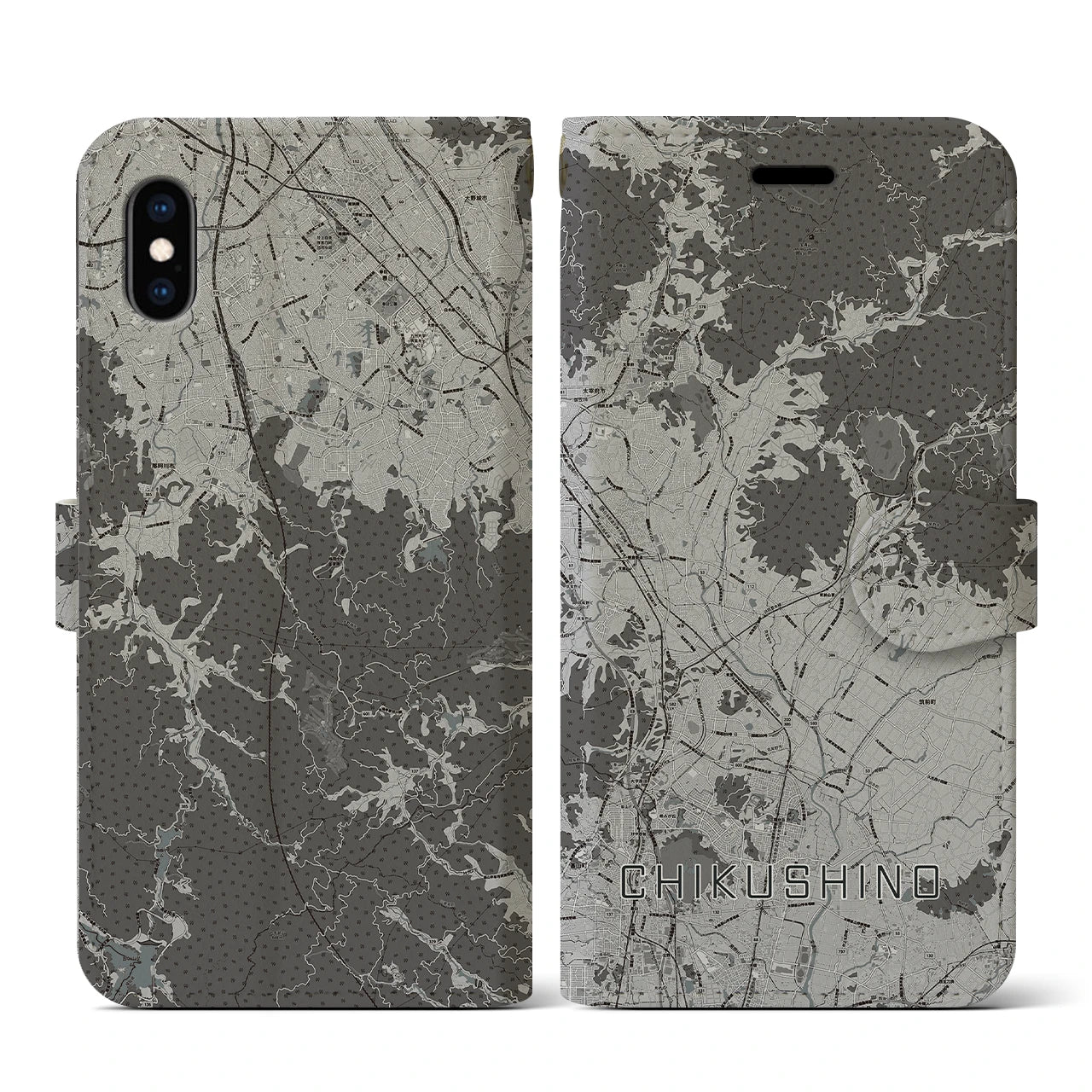 【筑紫野(福岡県)】地図柄iPhoneケース(手帳タイプ)モノトーン・iPhone XS / X 用