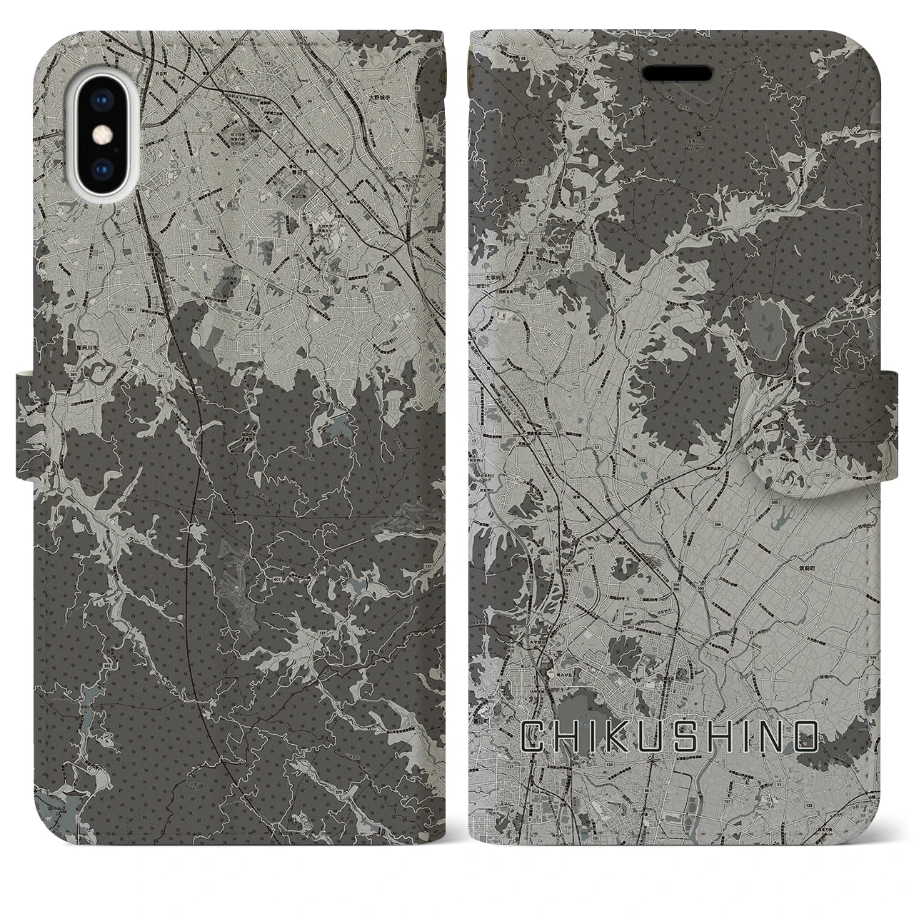 【筑紫野(福岡県)】地図柄iPhoneケース(手帳タイプ)モノトーン・iPhone XS Max 用