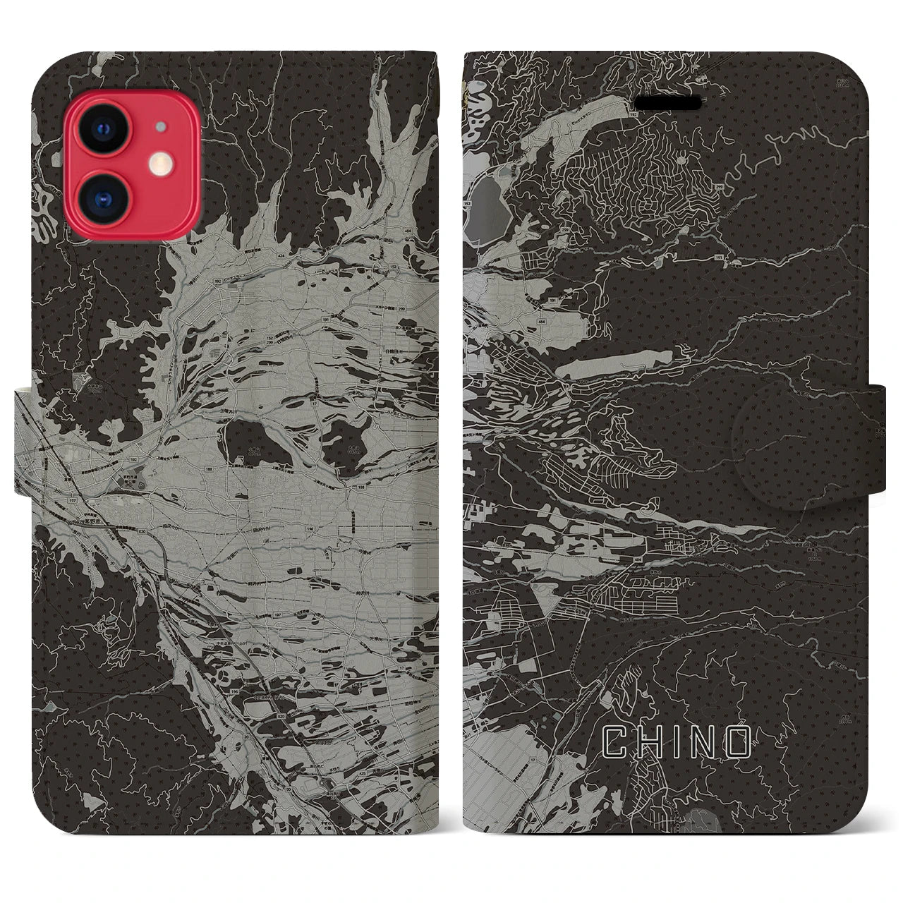 【茅野(長野県)】地図柄iPhoneケース(手帳タイプ)モノトーン・iPhone 11 用