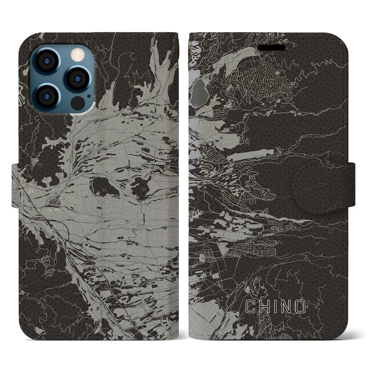【茅野(長野県)】地図柄iPhoneケース(手帳タイプ)モノトーン・iPhone 12 / 12 Pro 用