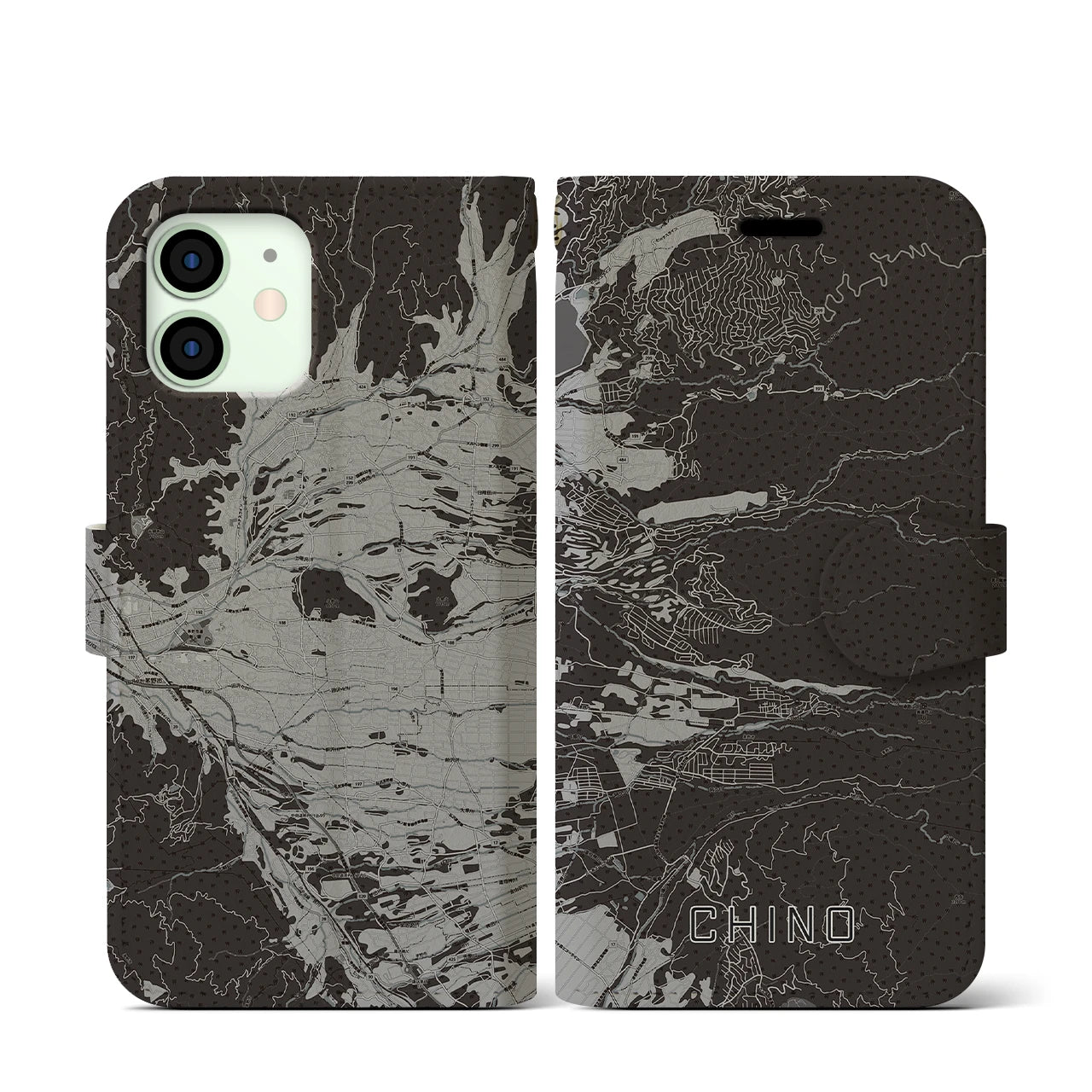 【茅野(長野県)】地図柄iPhoneケース(手帳タイプ)モノトーン・iPhone 12 mini 用