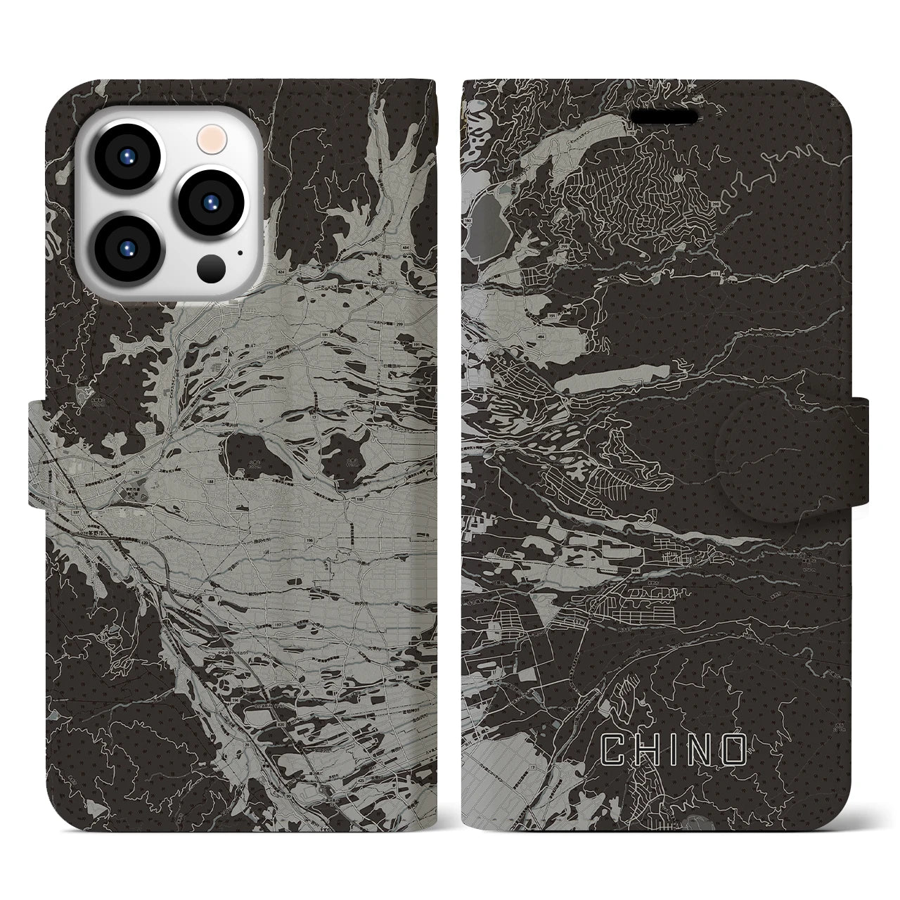 【茅野(長野県)】地図柄iPhoneケース(手帳タイプ)モノトーン・iPhone 13 Pro 用