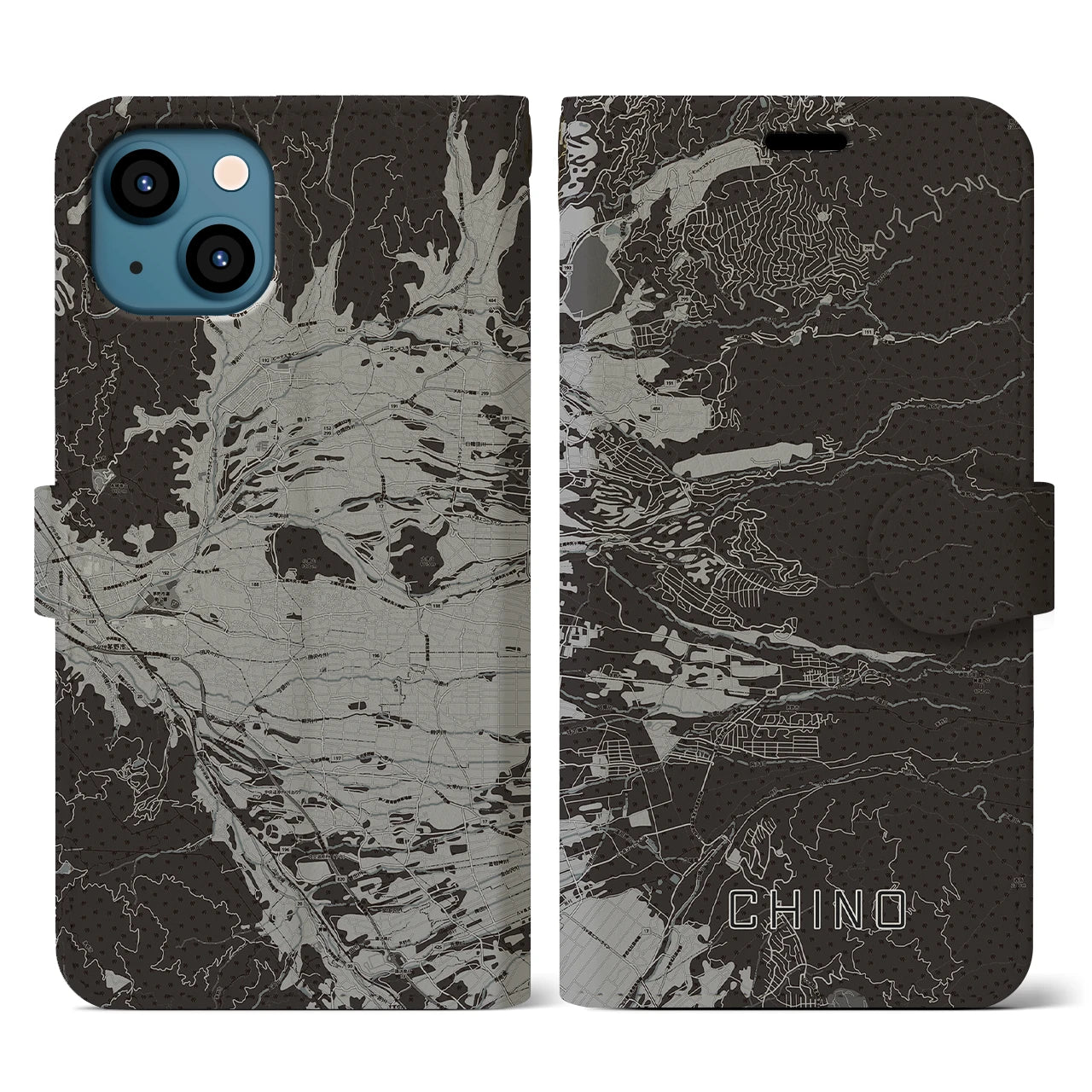 【茅野(長野県)】地図柄iPhoneケース(手帳タイプ)モノトーン・iPhone 13 用