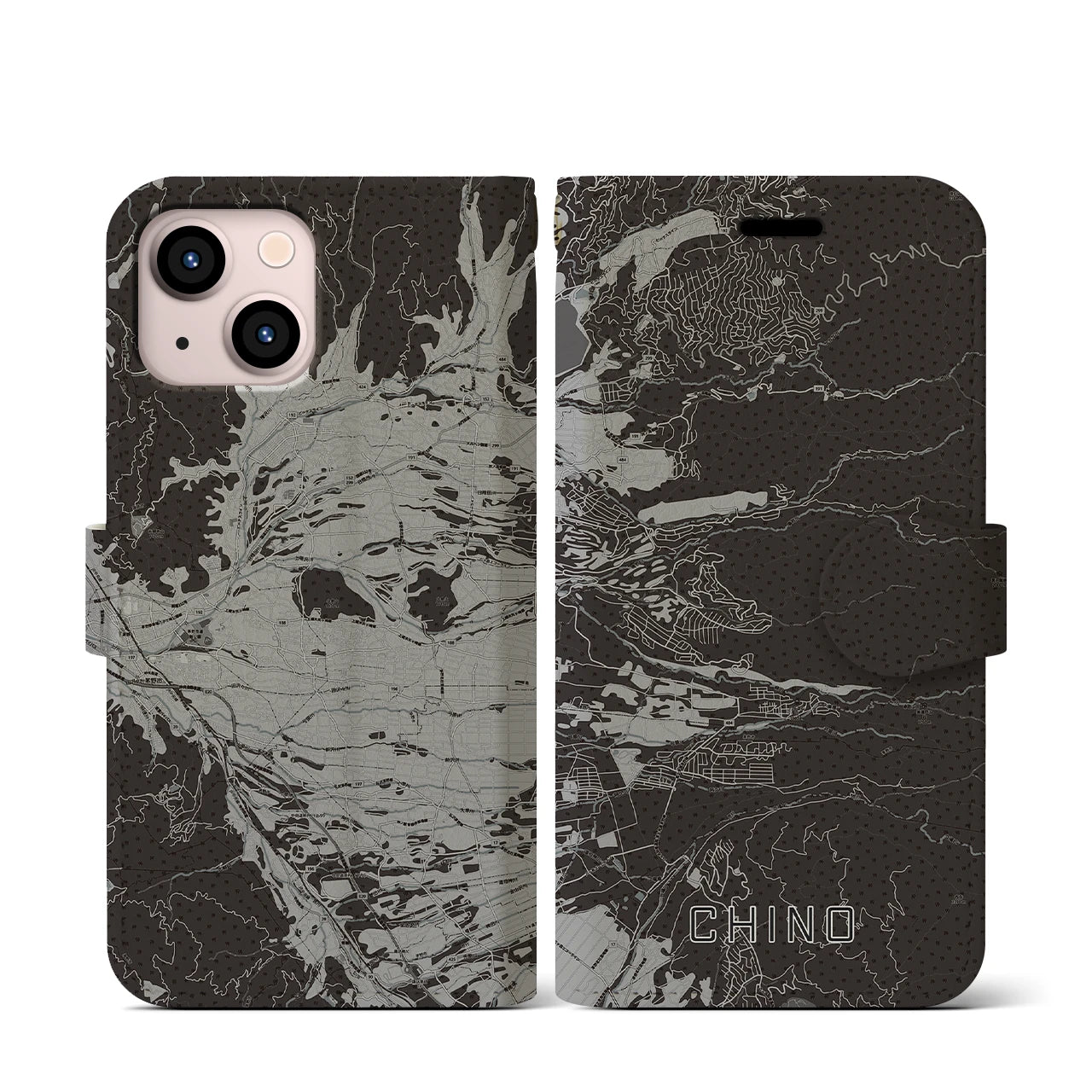 【茅野(長野県)】地図柄iPhoneケース(手帳タイプ)モノトーン・iPhone 13 mini 用