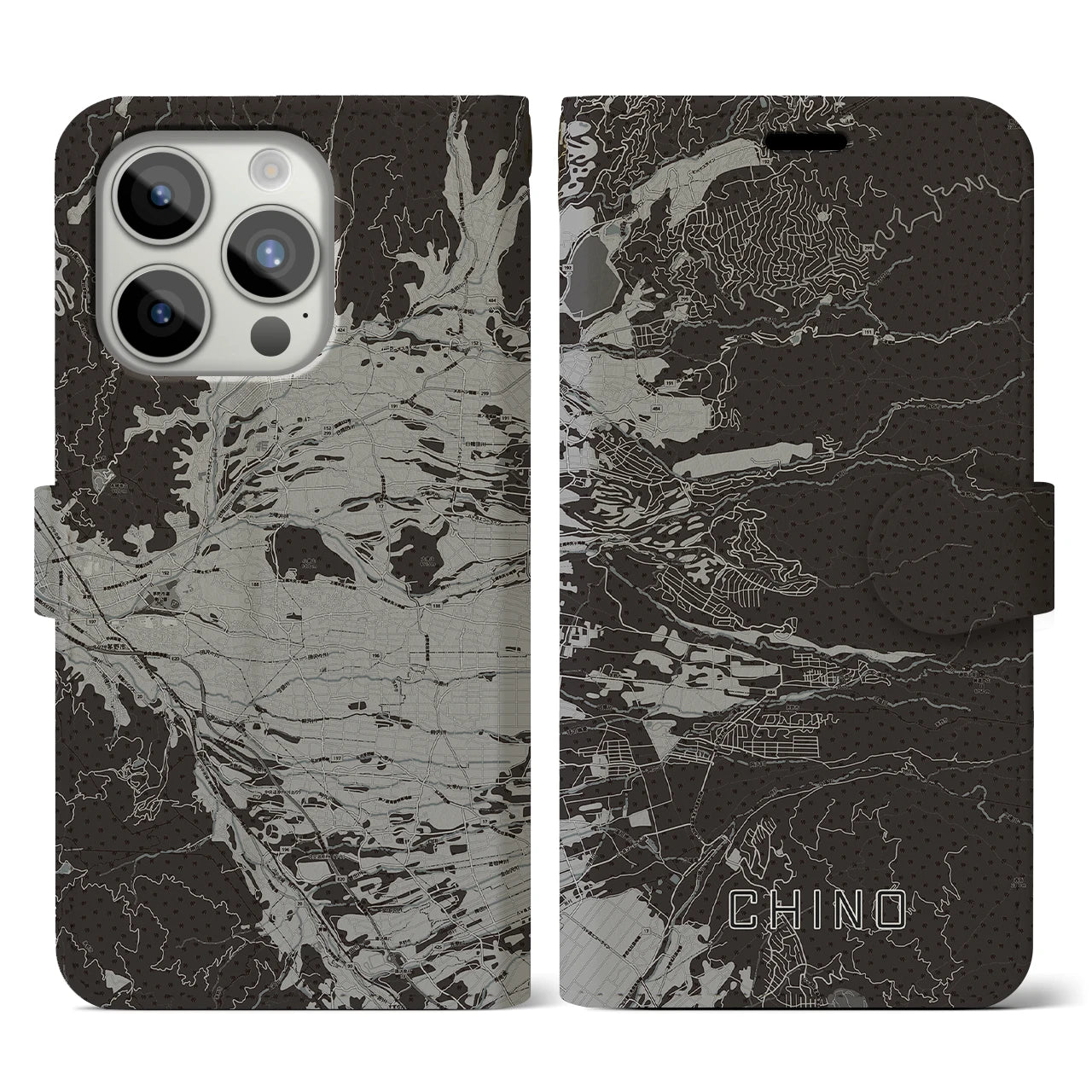 【茅野(長野県)】地図柄iPhoneケース(手帳タイプ)モノトーン・iPhone 15 Pro 用