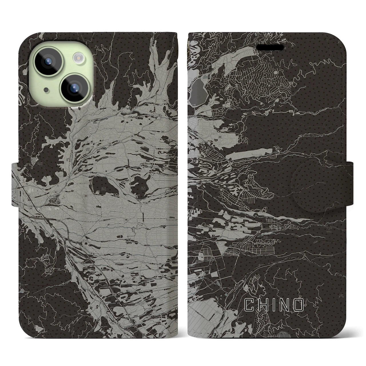 【茅野(長野県)】地図柄iPhoneケース(手帳タイプ)モノトーン・iPhone 15 用