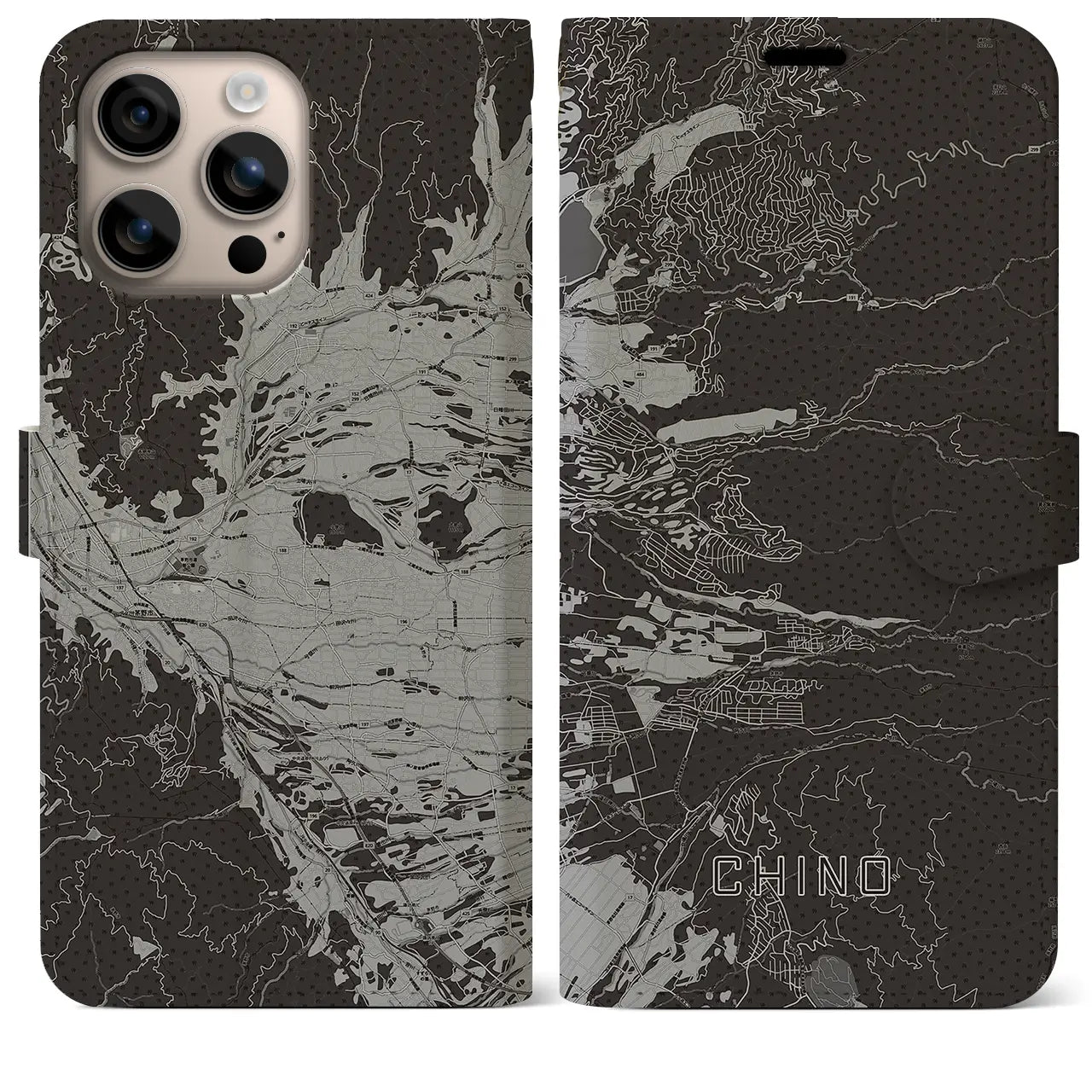 【茅野(長野県)】地図柄iPhoneケース(手帳タイプ)モノトーン・iPhone 16 Plus 用